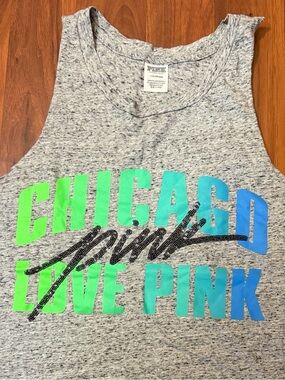 PINK Victoria's Secret Gray Tank with Neon Green & Blue Chicago Graphic